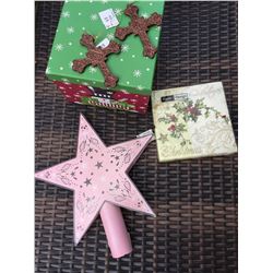 CHRISTMAS LOT; 6 NESTING BOXES,PINK CHRISTMAS TREE STAR,2 SPARKLE CROSS ORNAMENTS, PAK OF CHRISTMAS 