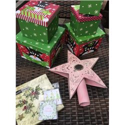 CHRISTMAS LOT; 5 NESTING BOXES,PINK CHRISTMAS TREE STAR,2 GIFT TAG SETS, PAK OF CHRISTMAS NAPKINS
