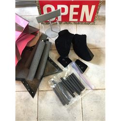 BAG OF MISC STUFF; OPEN/CLOSED SIGN / 2 NECK DISPLAYS**NEED TO HAVE BOTTOMS RE SCREWED ON/ROUND INSU