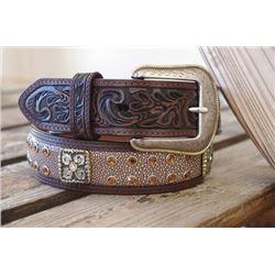 HAND TOOLED DARK BROWN LEATHER CROC BELT SQUARE ENGRAVED CONCHO/SIZE 44"Engraved square concho with 