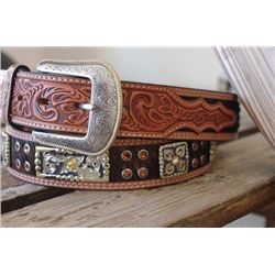SIZE 40"HAND TOOLED BROWN TWO TONE LEATHER BELT ENGRAVED RECTANGLE/SQUARE/Hair on hide/Crystal studd