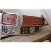 Image 1 : SIZE 44" HAND TOOLED BROWN TWO TONE LEATHER BELT ENGRAVED RECTANGLE/SQUARE/Hair on hide/Crystal stud