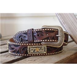 SIZE 40"HAND TOOLED LEATHER BROWN BELT SCROLLING DESIGN OVER HAIR ON HIDE/Scrolled leather design ov