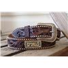 Image 1 : SIZE 40"HAND TOOLED LEATHER BROWN BELT SCROLLING DESIGN OVER HAIR ON HIDE/Scrolled leather design ov