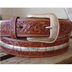HAND TOOLED BROWN LEATHER BELT EINGRAVED SILVER TRIM/Belt width 1.5"/Removable western style buckle/