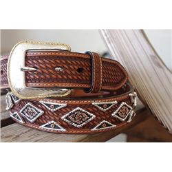 SIZE 40"HAND TOOLED DARK BROWN BELT WITH ENGRAVED SILVER, COPPER AND GOLD /Ingraved silver, copper a