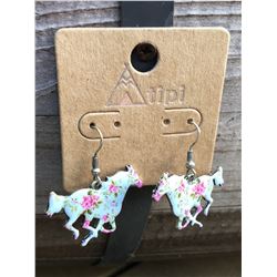 SILVER/LIGHT BLUE FLORAL RUNNING HORSE  DESIGN EARRINGS 3/4"X 1"