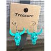 Image 1 : TURQUOISE/TURQUOISE STONE STEER HEAD EARRINGS 1"X 1 1/4"