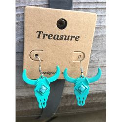 TURQUOISE/TURQUOISE STONE STEER HEAD EARRINGS 1"X 1 1/4"
