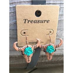 COPPER STEER HEAD WITH TURQUOISE ROSE EARRINGS 1" X 1 1/4"12