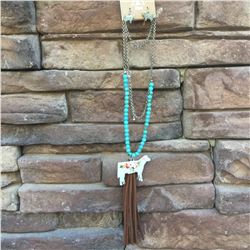 SILVER/BLUE FLORAL STEER  LONG NECKLACE WITH TURQUOISE BEADS AND BROWN FRINGE/STEER EARRINGS