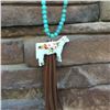 Image 2 : SILVER/BLUE FLORAL STEER  LONG NECKLACE WITH TURQUOISE BEADS AND BROWN FRINGE/STEER EARRINGS
