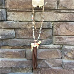GOLD/CREAM FLORAL STEER  LONG NECKLACE WITH TURQUOISE BEADS AND BROWN FRINGE/STEER EARRINGS