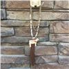 Image 1 : GOLD/CREAM FLORAL STEER  LONG NECKLACE WITH TURQUOISE BEADS AND BROWN FRINGE/STEER EARRINGS