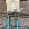 Image 2 : SILVER/BLUE FLORAL ROOSTER  LONG NECKLACE WITH TURQUOISE BEADS AND BROWN FRINGE/HEN EARRINGS