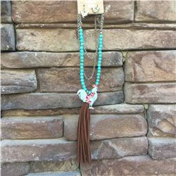 SILVER/BLUE FLORAL ROOSTER  LONG NECKLACE WITH TURQUOISE BEADS AND BROWN FRINGE