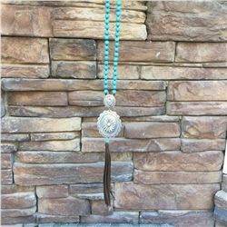 SILVER WESTERN TURQUOISE NECKLACE WITH CONCHO PENDANT  WITH FRINGE