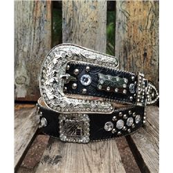 SIZE XL LADIES BARREL RACER CONCHO BELT/All rhinestones and studs on belt strap are riveted/covered 