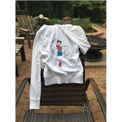 WHITE HOODIE WITH COWGIRL JUSTICE LOGO ON FRONT LEFT CHEST AND ROPING COWGIRL ON BACK /SIZE LARGE
