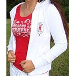 WHITE HOODIE WITH COWGIRL JUSTICE LOGO ON FRONT LEFT CHEST AND ROPING COWGIRL ON BACK /SIZE LARGE