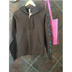 BROWN HOODIE WITH TURQUOISE CROSSES ON SLEEVE /SIZE SMALL