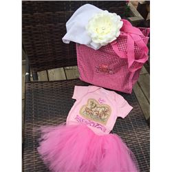 PINK SHIRT HORSE DESIGN ON FRONT/3-6MOS/PINK TUTU/WHITE TODDLER HAT WITH WHITE FLOWER/COWGIRL FINESS