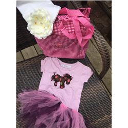 PURPLE SHIRT WITH HORSE ACCENT / 24 MOS/PINK AND PURPLE TUTU/WHITE TODDLER FASHION HATWITH BLACK FLO