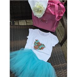 WHITE SHIRT WITH HORSE HEART DESIGN /KIDS 5-6-TURQUOISE TUTU/WHITE TODDLER HAT/COWGIRL FINESSE TOTE 