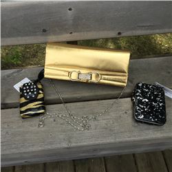 GROUP OF 3 DISCOUNT WALLETS/GOLD CLUTCH, GOLD/BLK MINI, BLACK/SILVER MINI