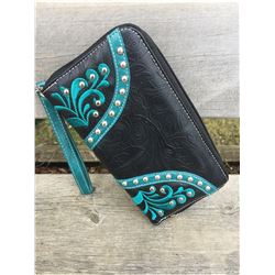 DISCOUNT WALLETS/BLACK AND TURQUOISE WESTERN (INSIDE ZIPPER PULL IS BROKE BUT STILL WORKS)