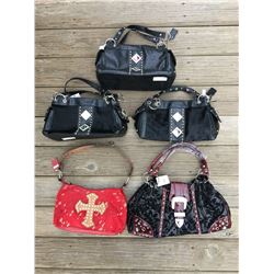 GROUP 5 DISCOUNT PURSES/BLACKAND BURGANDY WITH BUCKLE, BLACKLEATHER(MISSSING GEMS),2 BLACK HAIR ON H