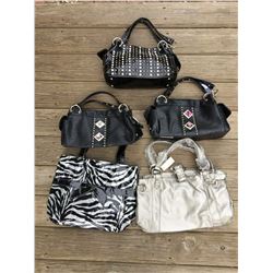 GROUP 4 DISCOUNT PURSES/ZEBRA DIAPER BAG,SILVER(HAS MARKS ON IT),2 BLACK LEATHER(MISSING GEM) , BLAC