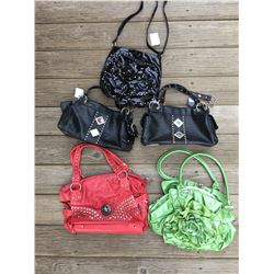 GROUP 5 DISCOUNT PURSES/GREEN FLOWER, BLACK FLOWER, RED STUDDED,2 BLACK LEATHER(MISSING GEMS)