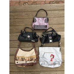 GROUP 5 DISCOUNT PURSES/BROWN (NO STRAP),WHITE WITH BUCKLE(HAS MARKS), 2 BLACK LEATHER (MISSING GEMS