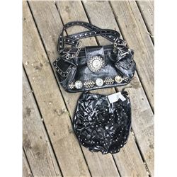 GROUP 2 DISCOUNT PURSES/BLACK WITH BLING(MISSING ONE BLING),BLACK FLOWER
