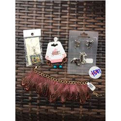 DISCOUNT JEWELER LOT OF 4/FEATHER BRACELET,HORSE EARRING SET, COPPER EARRINGS, ZIPPER PULL