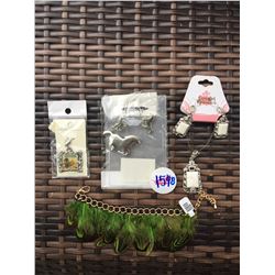 DISCOUNT JEWELER LOT OF 4/FEATHER BRACELET,HORSE EARRING SET, WHITE PENDANT EARRING SET, ZIPPER PULL