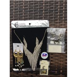 DISCOUNT JEWELER LOT OF 4/BLING NECKLACE EARRING SET, ZIPPER PULL, HORSE PENDANT EARRING SET, EARRIN