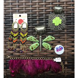 DISCOUNT JEWELER LOT OF 4/BEADED , 2 SCARF, PINK FEATHER