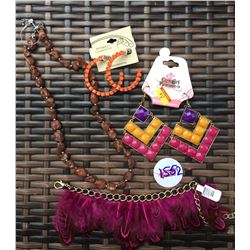 DISCOUNT JEWELER LOT OF 4/ORANGE EARRINGS, BROWN STONE NECKLACE, FASHION EARRINGS, FEATHER BRACELET
