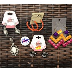 DISCOUNT JEWELER LOT OF 4/ORANGE EARRINGS,FASHION EARRINGS, SILVER ROSE EARRINGS, WHITE STONE PENDAN