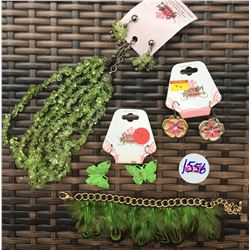 DISCOUNT JEWELER LOT OF 4/GREEN BUTTERFLIE EARRINGS,GREEN EARRINGS, GREEN FEATHER BRACELET, FLOWER E