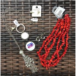 DISCOUNT JEWELER LOT OF 4/SILVER PEARL NECKLACE AND EARRING SET,RED NECKLACE,KEYCHAIN WATCH,ROSETTE 