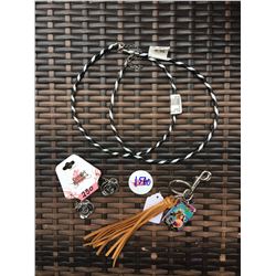 DISCOUNT JEWELER LOT OF 4/ZEBRA ROPE NECKLACE, KEYCHAIN FRINGE, SILVER ROSE EARRINGS