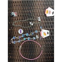 DISCOUNT JEWELER LOT OF 4/PINK ROPE NECKLACE, COWGIRL DOMINO NECKLACE, SILVER CHAIN, SHIMMER NECKLAC
