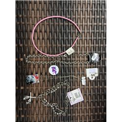 DISCOUNT JEWELER LOT OF 4/PINK ROPE NECKLACE, COWGIRL DOMINO NECKLACE, SILVER CHAIN, DOUBLE PISTOL B