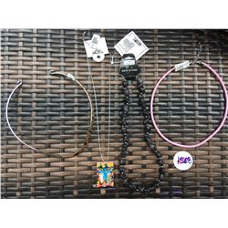 DISCOUNT JEWELER LOT OF 4/PINK ROPE NECKLACE, COWGIRL DOMINO NECKLACE,SILVER NECKLACE, BLACK STONE N