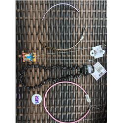DISCOUNT JEWELER LOT OF 4/PINK ROPE NECKLACE, COWGIRL DOMINO NECKLACE,SILVER NECKLACE, BLACK STONE N