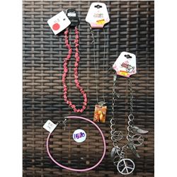 DISCOUNT JEWELER LOT OF 4/PINK ROPE NECKLACE, COWGIRL DOMINO NECKLACE,SILVER PEACE NECKLACE AND EARR