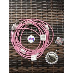 DISCOUNT JEWELER LOT OF 4/10 PINK ROPE NECKLACE,COWGIRL PENDANT, 2 CROSS PENDANTS